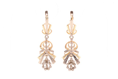 Lot 61 - A pair of 14ct gold diamond drop earrings,...