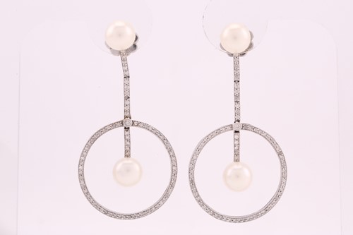 Lot 179 - A pair of pearl and diamond drop earrings,...