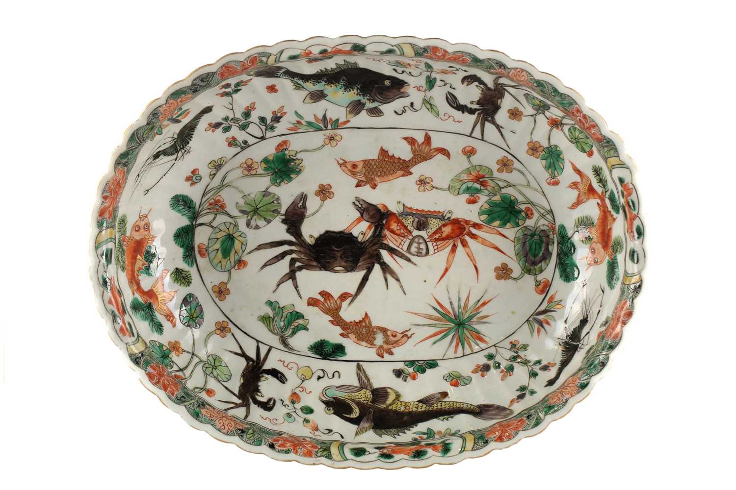 Lot 136 - A Chinese porcelain famille verte oval bowl,...