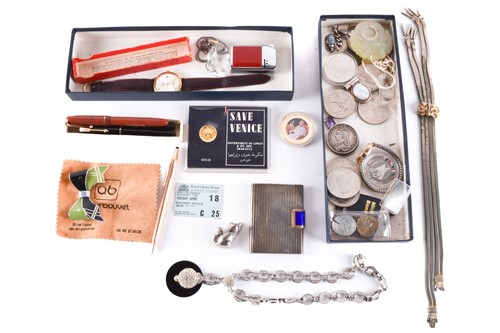 Lot 10 - A box filled with coins, pens, watches,...