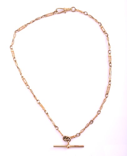 Lot 331 - A yellow metal fancy link watch chain; with T...