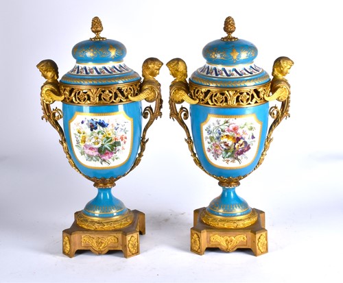 Lot 494 - A large pair of Sevres ormolu mounted pedestal...