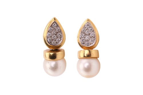 Lot 265 - A pair of pearl and diamond earrings, each...