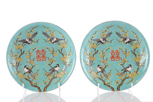 Lot 168 - A pair of Chinese magpie & prunus dishes,...