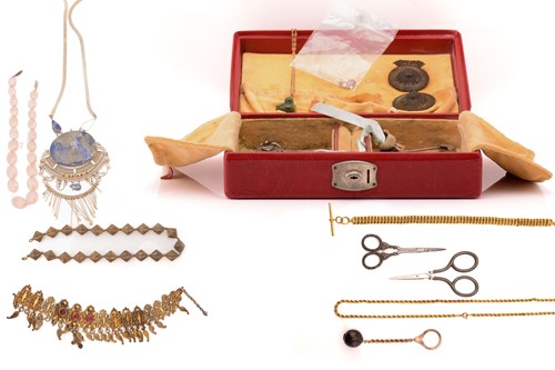 Lot 205 - A red leather jewellery box containing a gilt...