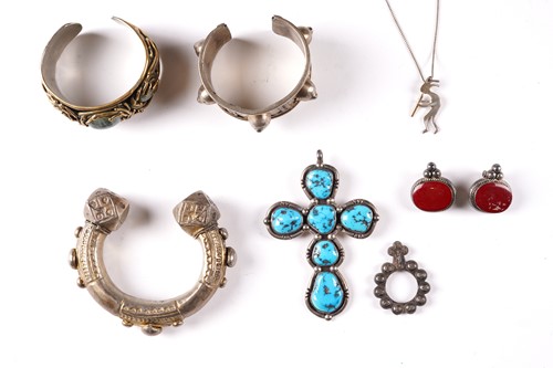 Lot 147 - A white metal turquoise set pendant together...