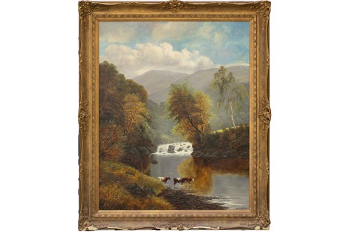 Lot 66 - William Mellor (1851-1931), cattle drinking at...
