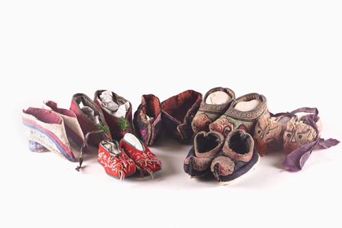 Lot 210 - Seven pairs of Chinese embroidered silk Lotus...