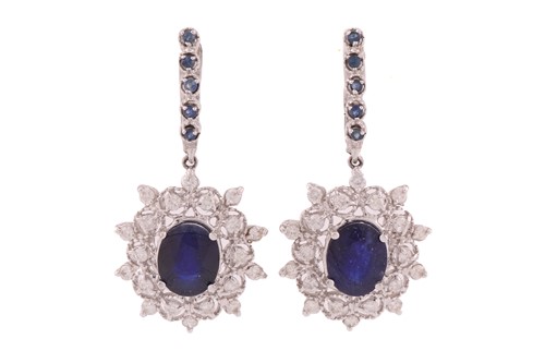 Lot 92 - A pair of sapphire and diamond drop earrings,...
