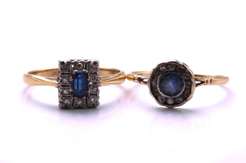 Lot 72 - Two sapphire and diamond rings; the first...