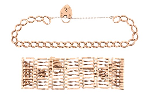 Lot 155 - Two 9ct gold bracelets with heart padlock, the...