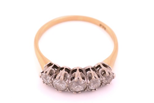 Lot 161 - A five stone half hoop diamond ring; the...