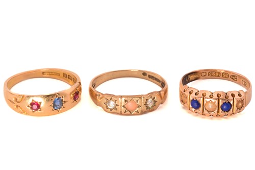 Lot 194 - Three gem-set rings in yellow gold; A...