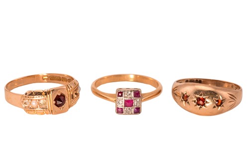Lot 53 - Three multi-gem rings; A Victorian seed pearl...