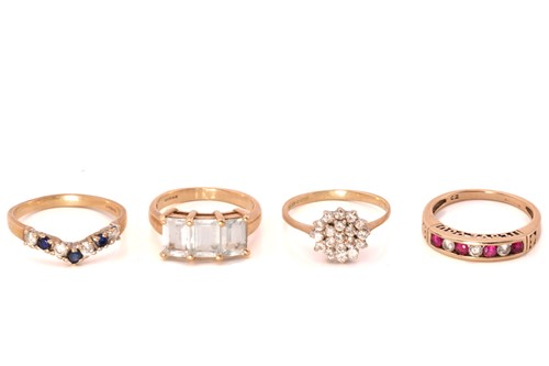 Lot 196 - Four gem-set rings in 9ct gold; A sapphire and...