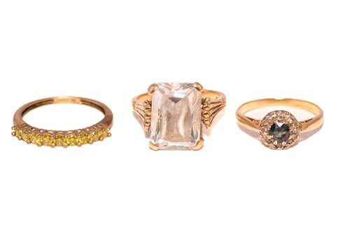 Lot 201 - Three gem-set rings in yellow gold; including...