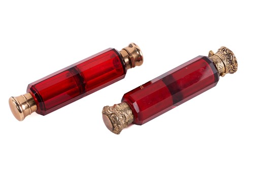 Lot 288 - Two Victorian ruby glass double-ended scent...