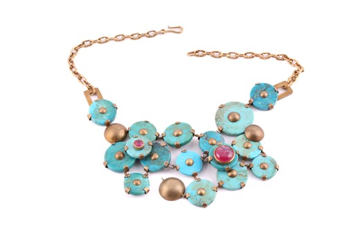 Lot 210 - A chrysocolla, turquoise and ruby bib necklace...