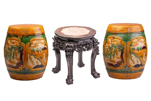 Lot 107 - A pair of Chinese sancai glazed barrel form...