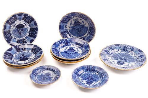 Lot 409 - Five 18th century Dutch Delft plates,...