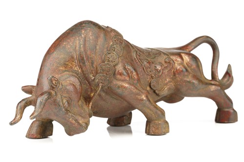 Lot 198 - A Chinese bronze figure of a charging bull,...