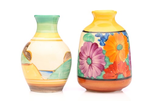 Lot 69 - Two Clarice Cliff miniature vases, ‘Gay Day’...