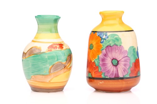 Lot 69 - Two Clarice Cliff miniature vases, ‘Gay Day’...
