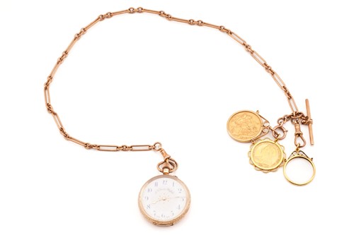 Lot 348 - A lady's fob pocket watch, an Albert chain and...