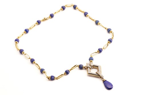 Lot 228 - A lapis lazuli and diamond necklace, with a...