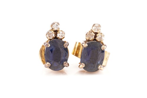 Lot 231 - A pair of sapphire and diamond ear studs, each...