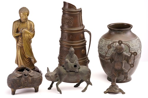 Lot 166 - A Chinese cast brass figure of standing Buddha,...