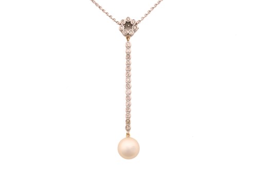 Lot 256 - A pearl and diamond drop pendant on chain, the...