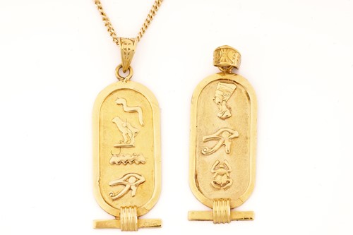 Lot 107 - Two Egyptian cartouche pendants on one chain,...