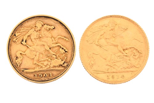 Lot 285 - Two half sovereigns, comprising Queen Victoria...
