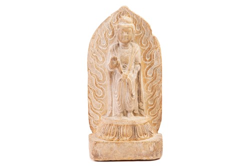 Lot 128 - A Chinese carved marble standing Shakyamuni...