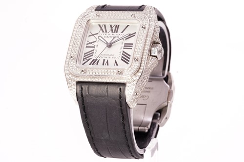 Lot 316 - A Diamond set midsize Cartier Santos 100,...