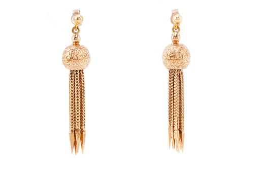 Lot 266 - A pair of tassel earrings, each comprises a...