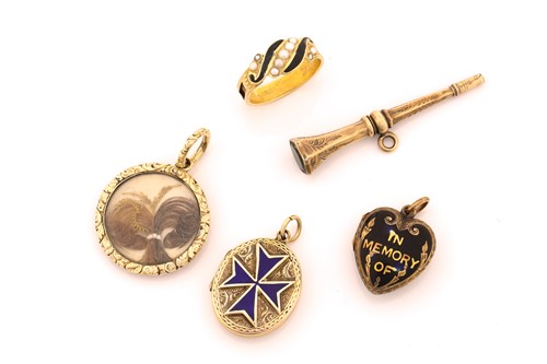 Lot 310 - A 15ct gold mourning ring, three locket...