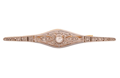 Lot 137 - A diamond bar brooch; the lozenge shaped bar...