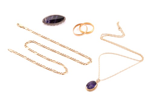 Lot 129 - Two gold wedding bands, jewellery items set...