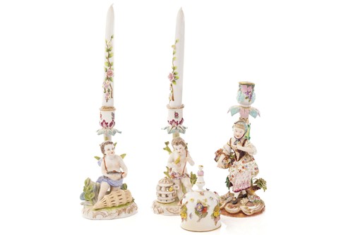 Lot 446 - A pair of Dresden porcelain candlesticks, with...