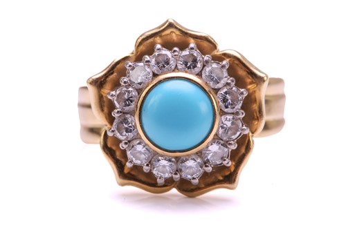 Lot 178 - A turquoise and diamond cluster ring in floral...