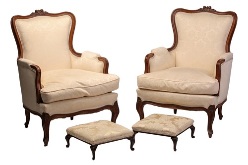 Lot 290 - A pair of Louis XV style walnut Bergere...