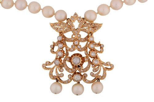 Lot 61 - A pearl necklace with a diamond-set pendant,...