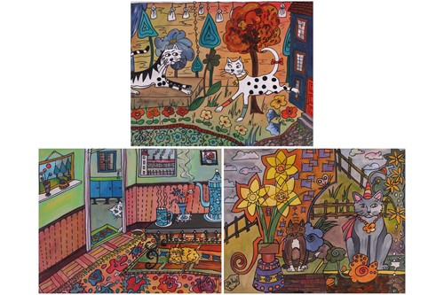 Lot 84 - Sally Vaughan, Cats in a garden with daffodils,...