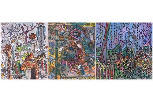 Lot 65 - Sally Vaughan, Giraffes in an abstract...