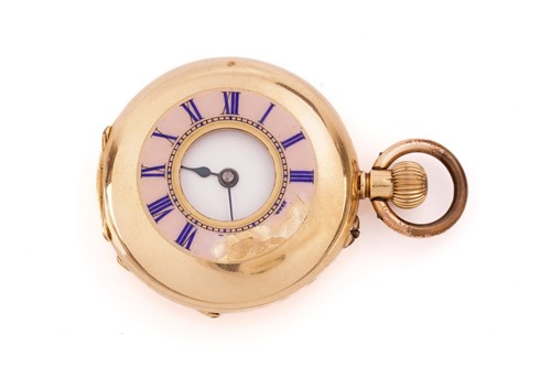 Lot 300 - A half-hunter fob pocket watch in yellow metal...