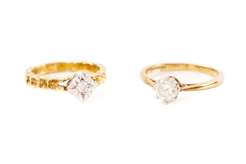 Lot 19 - Two diamond solitaire rings in 18ct yellow...