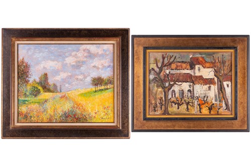 Lot 95 - J. Barlien, Winter scene with white building,...