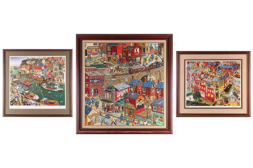 Lot 58 - Joe Scarborough (b.1938), city scene, a train...